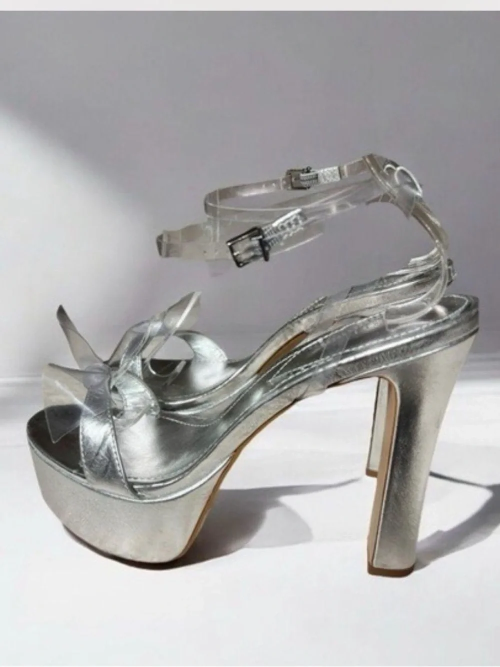 Schutz Elyda Metallic Silver & Clear PVC Platform Heels Sandal 9B / 39